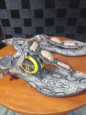 Everly Black Flat Sandal with Snakeskin-Pattern Strap
